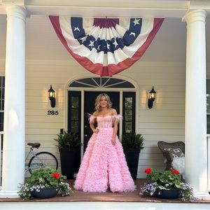 Sherri Hill 54906 Off shoulder Ruffle Skirt Corset Bodice gown prom dress.